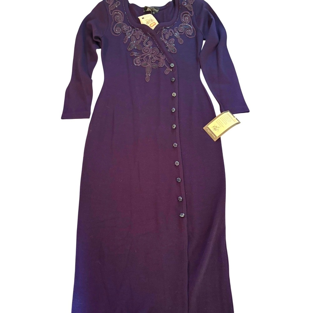 Carole Little Vintage Maxi Dress M Purple Wool Blend Beaded Knit Long Sleeve NWT
